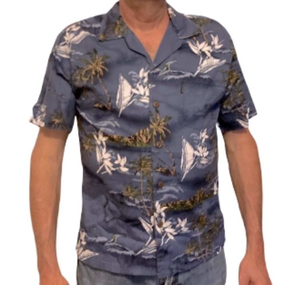 PALMWAVE Hawaiian Surfer Palm Trees Island Blue Shirt Surfer Tropical Men Medium
